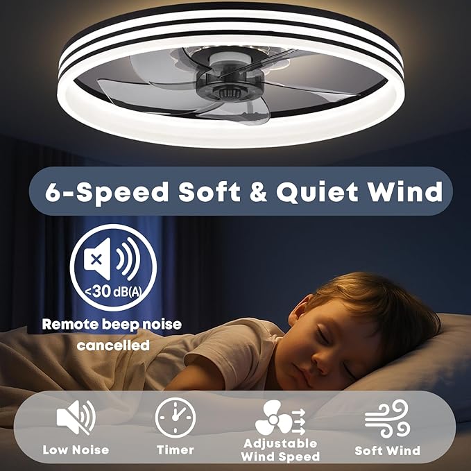 20‘’ Ceiling Fan with Light, Upgraded Low Profile Fan, Flush Mount Ceiling Fan, 6 Speeds, Dimmable LED, App & Remote Control, Quiet DC Motor, for Bedroom, Living Room, F118 Black