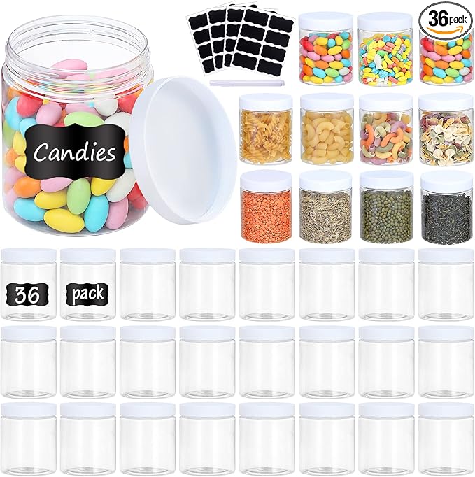 36PCS 8OZ Plastic Jars with Screw On Lids, Labels Refillable Empty Round Slime Containers for Storing Dry Food, Honey Jam, Cream, Butter, Lotion (White)