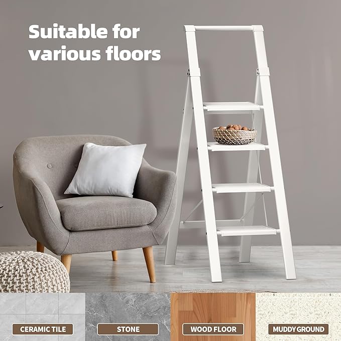 HillhutApex 4 Step Foldable Aluminum Step Ladder with Handgrip, Anti-Slip Pedal, 330 lbs Capacity, Lightweight & Portable for Home, Kitchen, Office, Garage (White)
