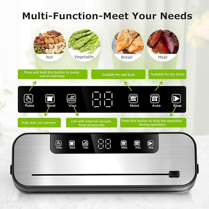 FIRE HIVE 5-in-1 Vacuum Sealer Machine for Food, 75KPa Powerful Suction, 11.8" Sealing Strip, Purple Light Clean, Built-in Sliding Cutter, Dry & Moist Modes, LED Display, 10 Vacuum Bags Included