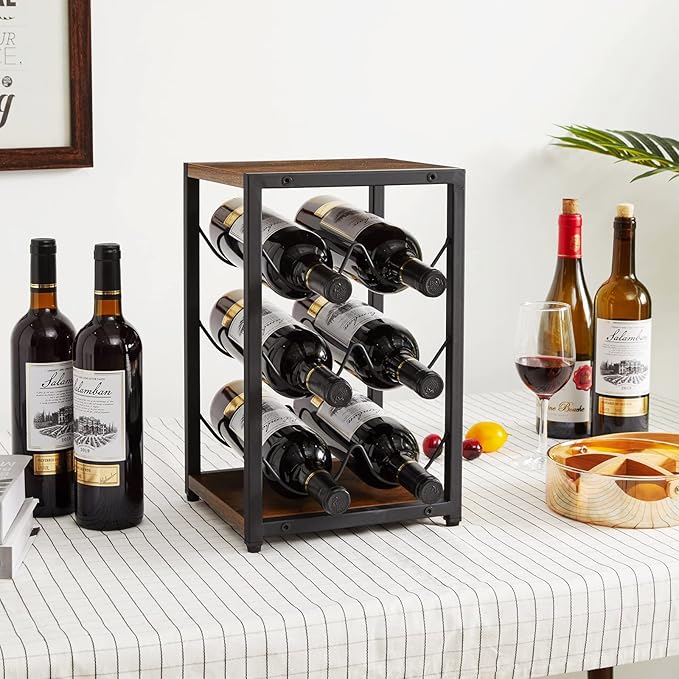IBUYKE Rustic Wood 6 Bottles Wine Rack for Countertop,3 Tier Free Standing Wine Rack,Wine Bottle Holder Stand Organizer for Home Decor Bar,Cabinet, Pantry,Countertop TMJ901H