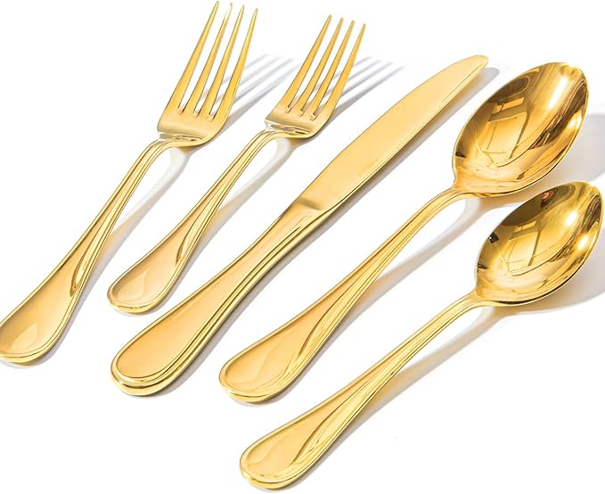 KINGSTONE 40 Piece Teardrop Silverware Set for 8, 18/10 Stainless Steel Flatware Set, Modern Design Cutlery Set for Home/Hotel/Wedding,Mirror Polished and Dishwasher Safe, Gold
