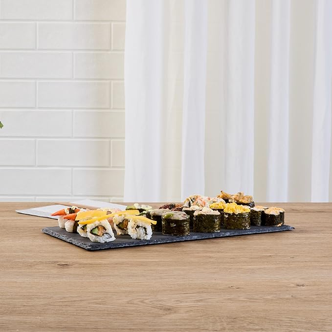 Restaurantware Slate Serving Trays 4 Pack of 15.7" x 7.8" Foam Feet Charcuterie Stone Plates Rustic Edges Freezable Black Serving Display Cheese Boards for Kitchen, Gourmet, Dining, Parties