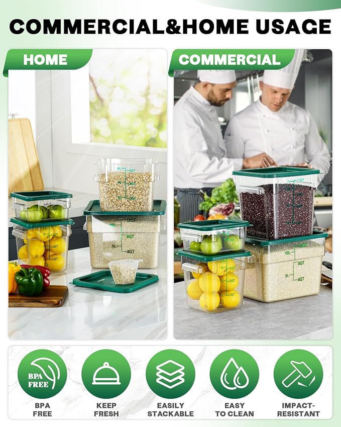 8QT NSF Food Storage Containers: 8 PCS [Food Grade][Hot&Cold Resistant] Commercial Clear Square Food Storage Containers with Scales Handles for Home Restaurant Kitchen Proof Dough(BPA FREE-GREEN)