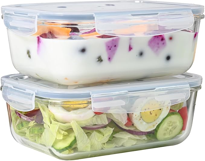 4pc Set - 128oz / 8 Cup / 3785ml - Large Glass Food Storage Containers with Airtight Snap Locking Lids, Meal Prep Lunch Bowl, Clear Stackable Pantry Organizer - Microwave Oven Baking & Dishwasher Safe
