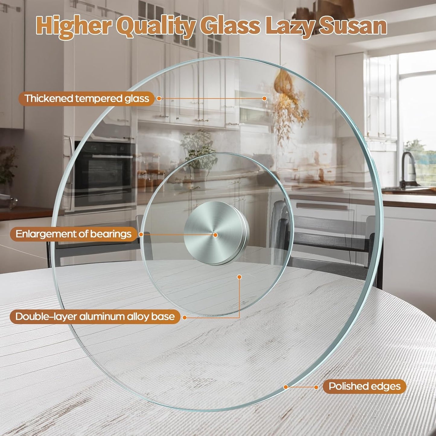 23" Glass Lazy Susan for Dining Table - Tempered Glass Round Clear Tabletop Large Rotating Tray, Silent & Smooth Spin (23inch/60cm)