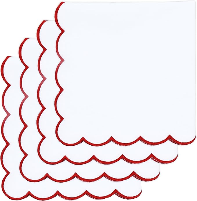 PurpleEssences Scalloped Embroidery Cloth Napkins Christmas Holiday Winter Table Decor 100% Cotton Set of 4-18 x 18 inch - White - Edges - Red