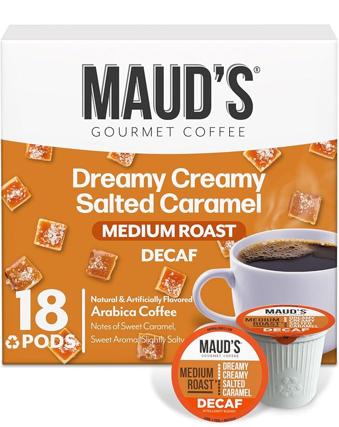Maud's Decaf Salted Caramel Flavored Coffee Pods, 18 ct, Decaffeinated Medium Roast Flavored Coffee in Recyclable Single Serve Pods – 100% Arabica Beans, Compatible with Keurig K Cups Maker