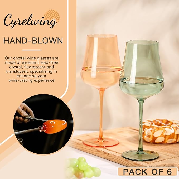 Colored Wine Glasses Set of 6-18oz Hand Blown Colorful Wine glasses - Unique Gift for Birthday,Wedding, housewarming