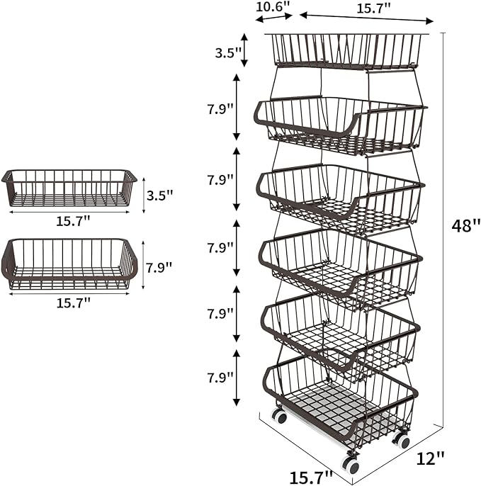 Fruit Vegetable Storage Basket for Kitchen - 6 Tier Stackable Metal Wire Baskets Cart with Rolling Wheels Utility Fruits Rack Produce Snack Organizer Bins for Pantry Bathroom Laundry Bronze