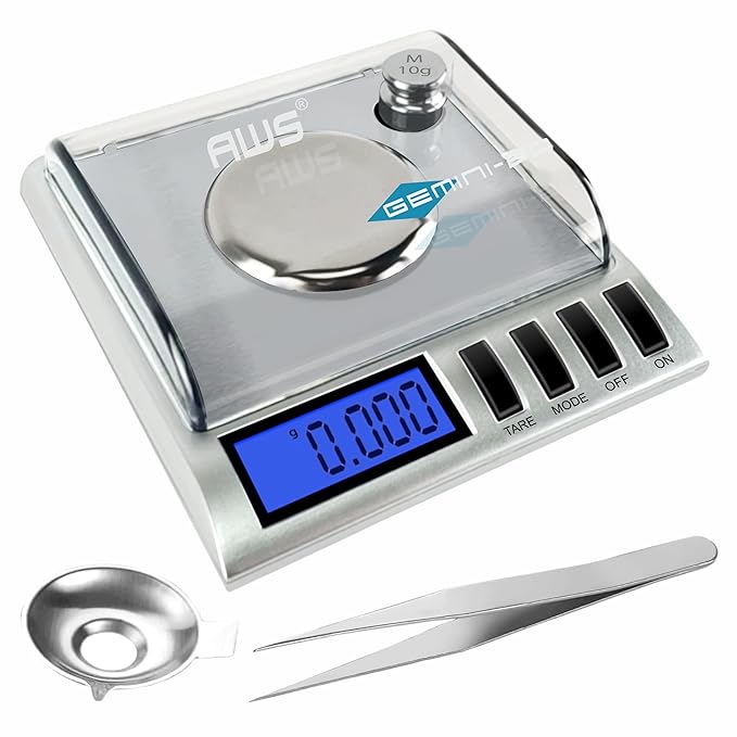 AWS Gemini-20 Milligram Scale 20g x 0.001g–Digital Jewelry/Lab Scale for Powder, Gold, Gems – Includes Calibration Weights, Tweezers & Tray–Tare, Cal, 6 Units (Gemini - 20 - Silver)