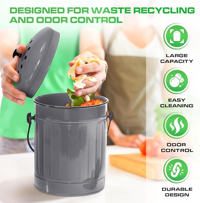 Plexon Countertop Compost Bin Kitchen with Lid, Gray 1.5 Gallon Odorless Container, Steel Food Compost Bucket for Kitchen with Charcoal Filter, Compost Pail for Countertop