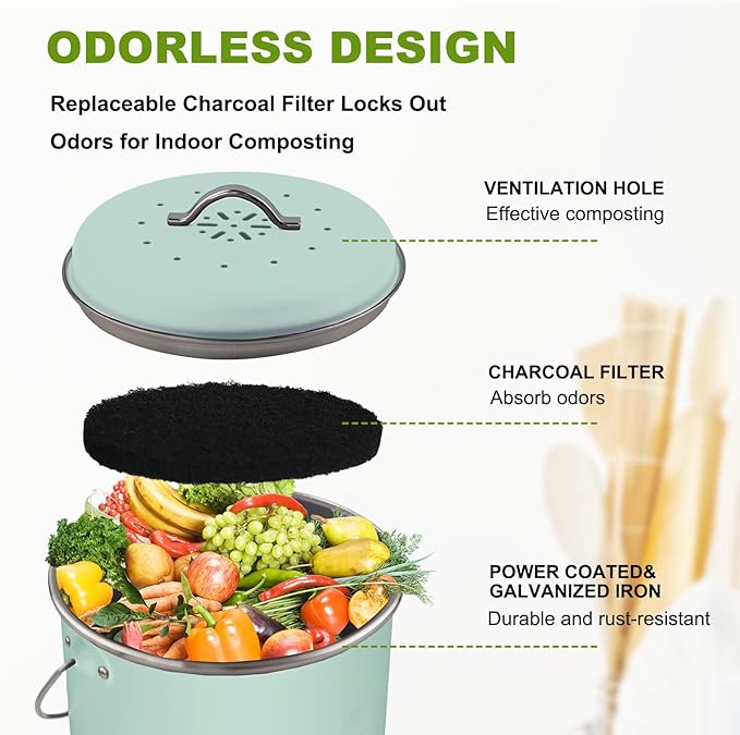 Kitchen Countertop Compost Bin, Odor Resistant Indoor Compost Bin with Lid and Charcoal Filter, Rust Resistant Coated Compost Bucket, Compost Container, Mint