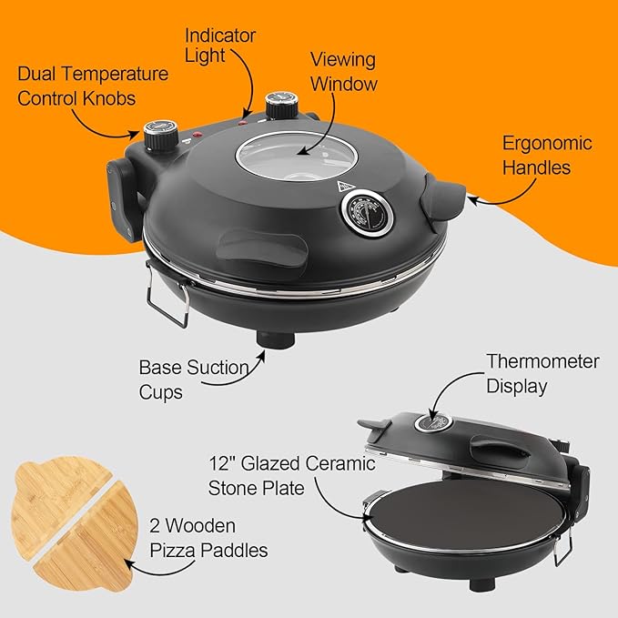 Pizza Oven Indoor, 12 Inch Retro Pizza Maker, Rapid Heating 800˚F, 1200W Glazed Ceramic Stone Electric Pizza Cooker, Two-button Precise Temperature Control, Viewing Window for Precise Cooking