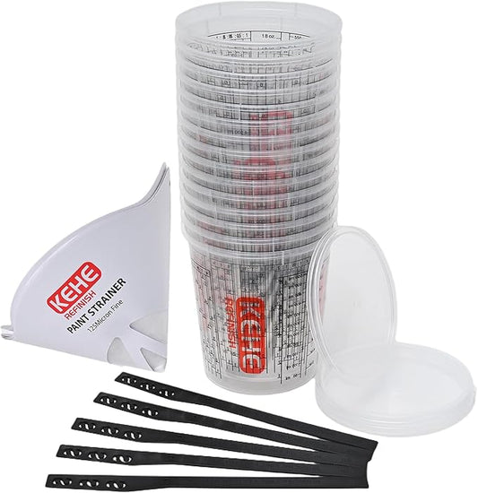 15 PACK Paint Mixing Cups by KEHE REFINISH,38 oz (1100ml),Disposable or Reusable Plastic Measuring Cups with Lids for Liquids, Paints, Resin, Epoxy, Art,Ratios 1:1,2:1, 3:1, 4:1,5:1,6:1,7:1,8:1