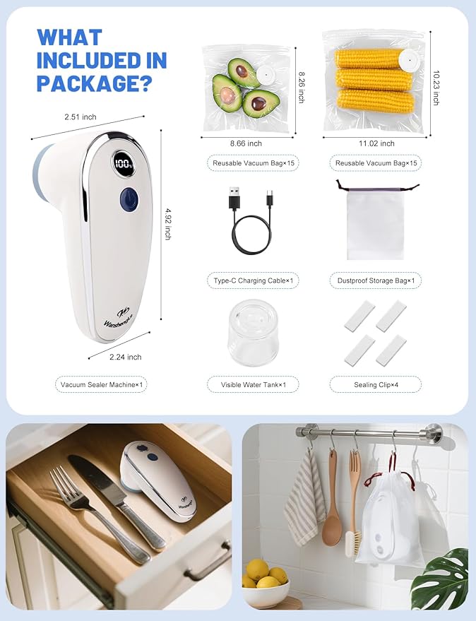 WanshengLe Vacuum Sealer, Handheld Vacuum Sealer for Food, Compact Vacuum Sealer Machine with 30 Reusable Sous Vide Bags for Preservation, Portable Food Sealer, Fresh & Save Meal Prep, White