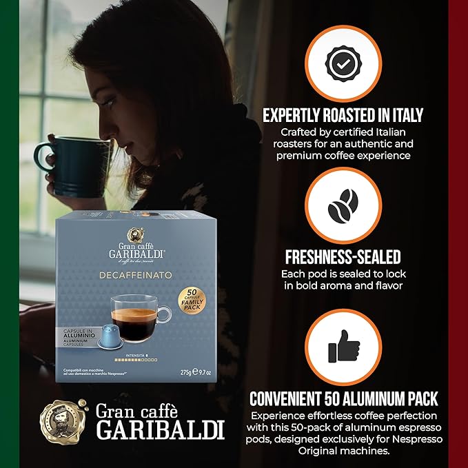 Gran Caffè Garibaldi Decaffeinated Espresso Pods, Italian Roasted Coffee, Decaf Capsules Compatible with Nespresso Original Line Machines, Nitrogen Flushed Intense & Rich Aroma - Decaffeinato (Aluminum) 200 Cups
