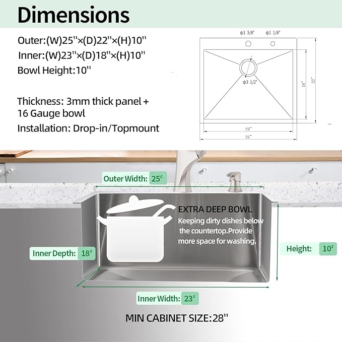 Drop In Kitchen Sink, 25 x 22 x 10 Inch 16 Gauge Single Bowl Topmount Sink T-304 Stainless Steel Kitchen Sinks with Accessories
