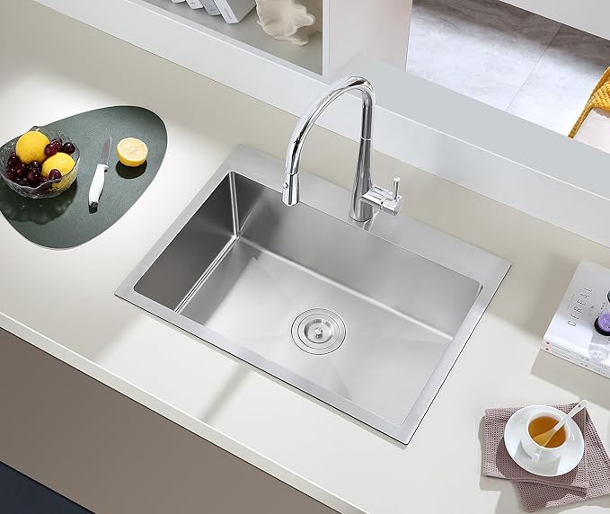 26 inch Kitchen Sink Single Bowl - 304 Stainless Steel Drop in Bar Sink Handmade with Basket Strainer, TopMount Modern Sinks with Centered Drain, 26×18×9 inch