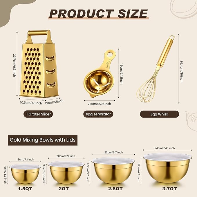 LemonRoad 8 Pcs Gold Kitchen Accessories Set Includes 1.5/2/2.8/3.6 Qt Gold Mixing Bowls with Airtight Lids, 1 Set Stainless Steel Measuring Cups, Grater Slicer with Handle, Egg Beater, Egg Separator