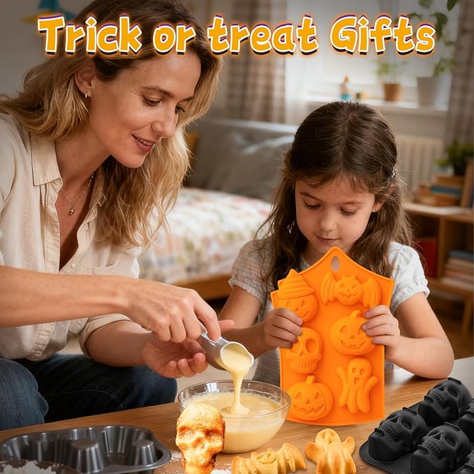 Halloween Skull Cake Pan & Pumpkin Silicone Molds Set – 6 Cavity 3D Skull Baking Pan + 6 Halloween Shape Silicone Molds (Pumpkin, Ghost, Bat) for Cakes, Chocolate, Candy, DIY Party Baking
