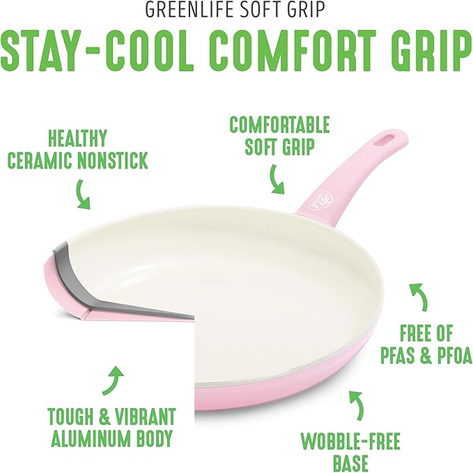 GreenLife 16 Piece Nonstick Cookware Set, Soft Grip Non-Toxic PFAS-Free Ceramic Pots & Pans, Dishwasher & Oven Safe, Frying, Sauce, Saute, Utensils, Glass Lids, Stay-Cool Handles, Wobble Free, Pink