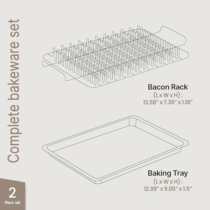 Bakken- Swiss Bacon Tray - 2-Piece Set – Marble Coating - Durable, Non-Stick Cooking Tray for Bacon – Black Stone Tray and Carbon Steel Rack