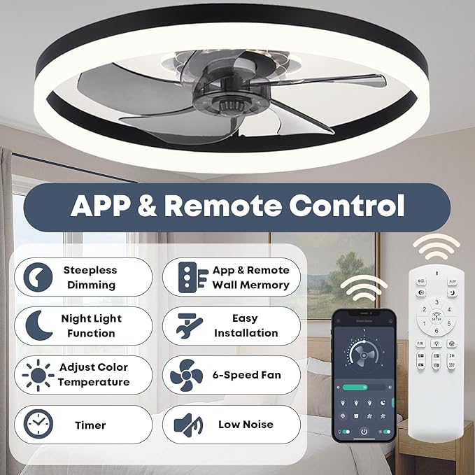 23.6'' Ceiling Fan with Light, Upgraded Low Profile Fan, Flush Mount Ceiling Fan, 6 Speeds, Dimmable LED, App & Remote Control, Quiet DC Motor, for Bedroom, Living Room, F115 Black