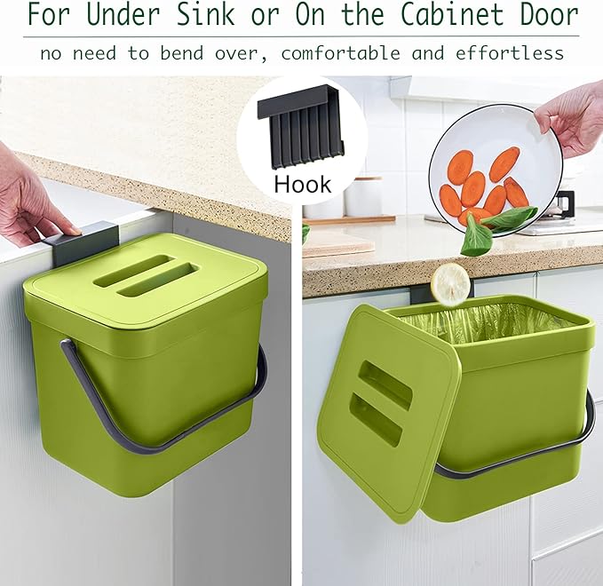 LALASTAR 1.8 Gallon Hanging Trash Can, Green, Plastic, Compost Bin Indoor Kitchen Sealed, Small Trash Can with Lid, Mountable