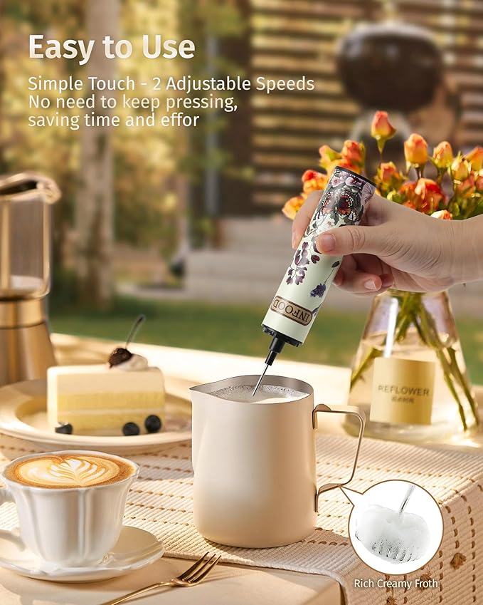 Milk Frother Rechargeable with Cover - Coffee Frother Wand, Drink Mixer Handheld with 2 Detachable Stainless Whisks 2 Speed Adjustable for Latte, Cappuccino, Hot Chocolate, Egg, Vintage Floral