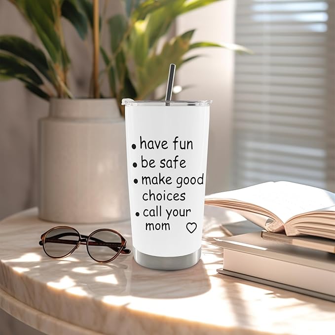 QASHWEY Funny Call Your Mom Coffee Tumbler - Gifts for College Daughter Son Travel Tumbler Coffee Mug, Funny College Freshman Gifts, Preppy Freshman Stainless Steel Tumblers with Straw and Lid 20 oz