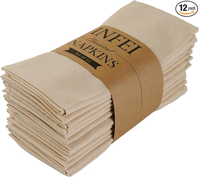 Solid Color Blended Fabric Thin Dinner Cloth Napkins - Set of 12 (40 x 40 cm) - for Events & Home Use (Beige)
