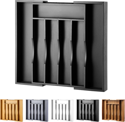 Expandable Bamboo Kitchen Drawer Organizer for Cutlery and Utensils, Adjustable Bamboo Wood Cutlery Tray in Drawer for Flatware and Silverware in Kitchen, (Black)