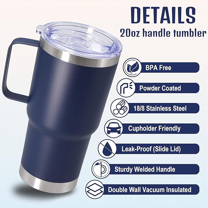 20 oz Tumbler with Handle and Lid, Stainless Steel Tumbler Insulated Travel Coffee Mug, Spill Proof Double Wall Vacuum Tumbler Cup Keep Drink Hot & Cold, Navy, 6 Pack
