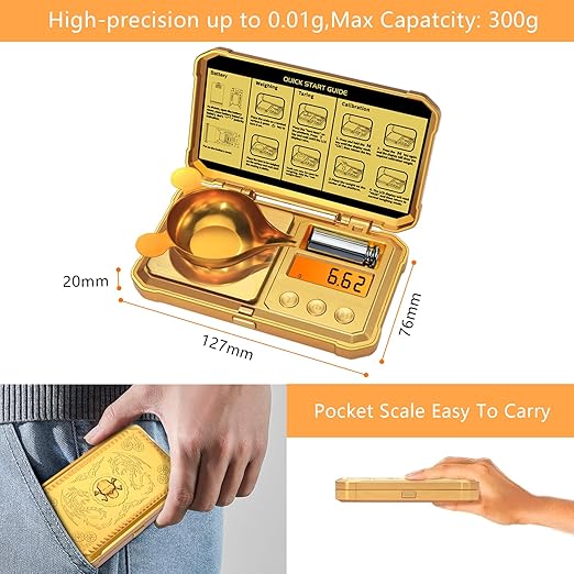 Digital Pocket Gram Scale 300g x 0.01g Accuracy， Small Mini High Precision Gold Scale Digital Weight Grams and Oz for Jewelry,Diamond，Arrows, Powders and Medicine,with 50g Cal Weights