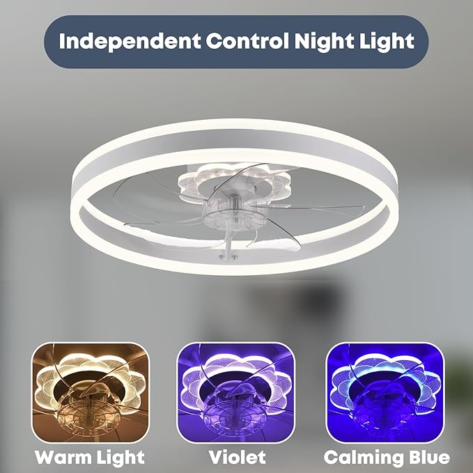 23.6'' Ceiling Fan with Light, Upgraded Low Profile Fan, Flush Mount Ceiling Fan, 6 Speeds, Dimmable LED, App & Remote Control, Quiet DC Motor, for Bedroom, Living Room, F105 White