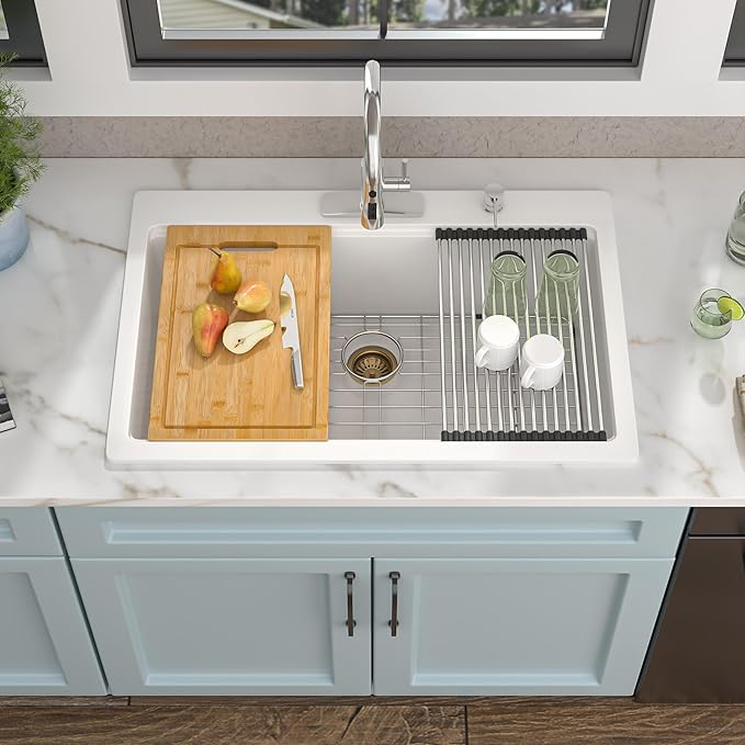 33"x22" Granite Composite Kitchen Sink Drop In – White Quartz Classic Ledge Workstation Topmount Single Bowl Sink Basin