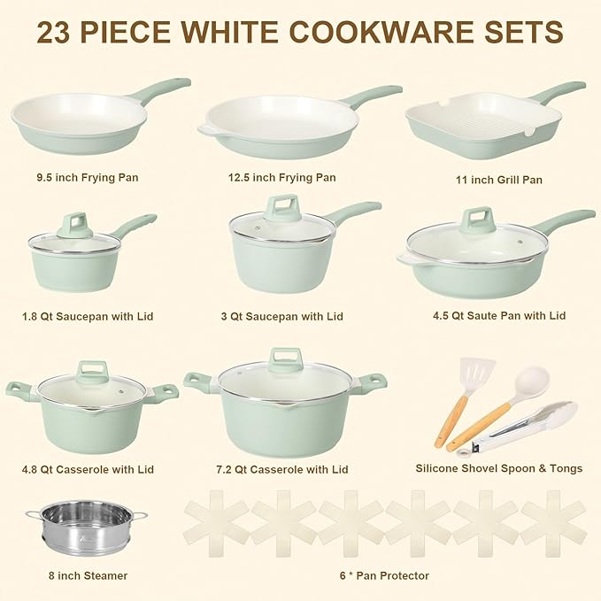 Romswi 23pcs Pots and Pans Set Non Stick, Kitchen Cookware Set with Casserole, Frying & Saucepans, Oven Safe & Stovetop Agnostic Non Toxic Cookware(Gas, Electric & Induction) - Green