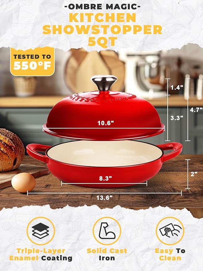 Dutch Oven Bread Baking Pot with Lid 6QT Enameled Cast Iron Oven, Gradient Red Design & Complete Sourdough Kit (Banneton Basket, Dough Tools, Silicone Sling) for Artisan Bread Making