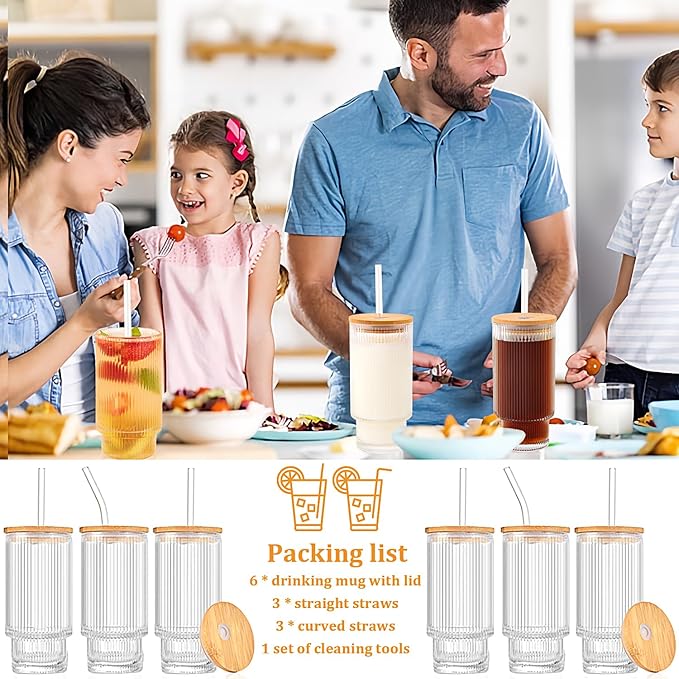6 Pcs 16oz Ribbed Glass Cups With Bamboo Lids, Stackable, Suitable for Coffee, Juice, Cocktails, Beer