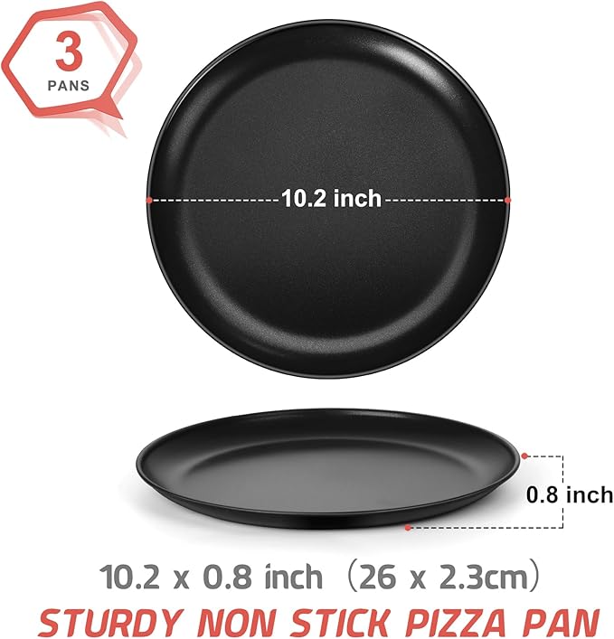 P&P CHEF 10 Inch Pizza Pan, 3 Pieces Stainless Steel Round Pizza Tray Dish Plate For Oven Baking Roasting, Healthy & Heavy Duty, Rust Free & Dishwasher Safe -Black