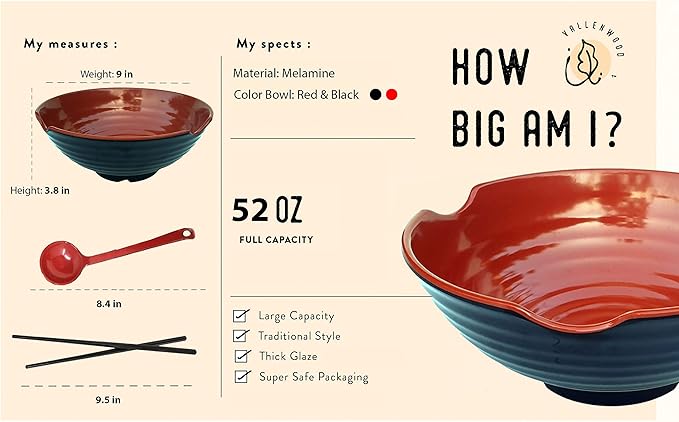 4 XL Ramen bowl set. 12 Pieces Pho Bowls. Asian Japanese soup. Utensil: Spoons and Chopsticks kit. Melamine, Large 52 oz. Noodles, Rice, Udon, Thai, Chinese, Korean, Udon, Wonton, Miso, 9 inch