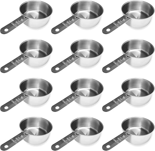 1/2 Cup Stainless Steel Measuring Cup | Sturdy Metal 125 ml | 125 cc | 4 oz | Single Cup for Wet and Dry Ingredients | Great for use as 1/2 Cup Dog Food Scoop - 12 PK