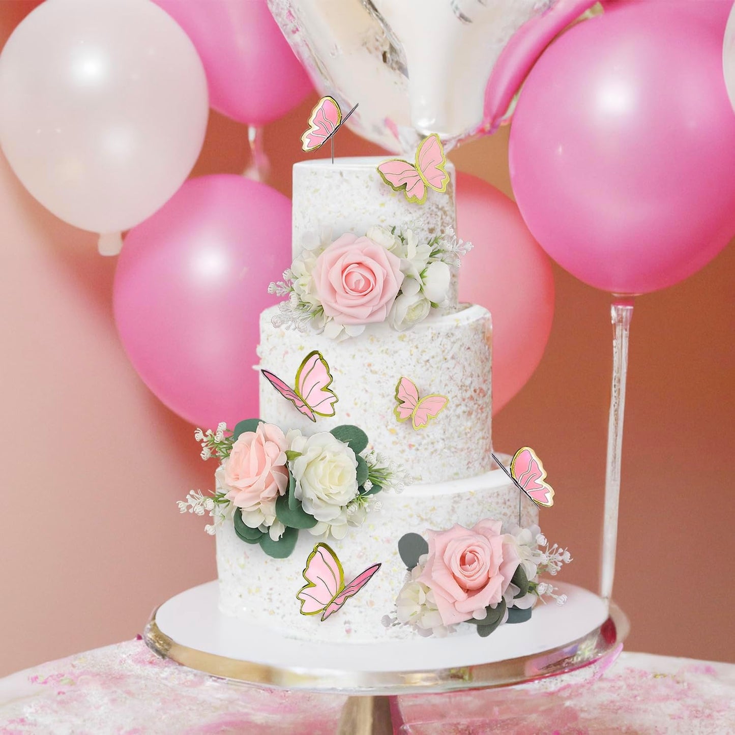 Rinlong 3Pcs Pre-made Blush Pink Cake Flowers Decorations Flower Cake Topper Butterfly Cake Decorating Flowers for Wedding Sweet 16 Birthday Girl