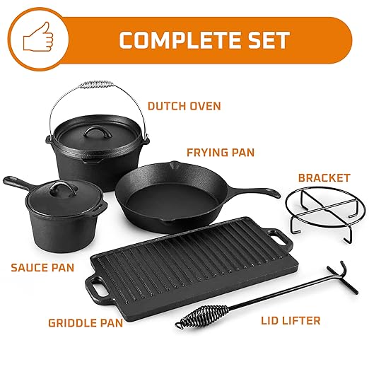 Bruntmor Camping Cooking Set of 7. Pre Seasoned Cast Iron Pots and Pans Dutch Oven with Lids for Outdoor Comefire. Grill Cookware Skillet Sets with Storage Box