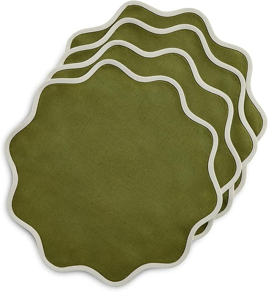 Solino Home Linen Cloth Placemats Set of 4-100% Pure Linen Ivory and Avocado Round Placemats 16 Inch for Fall, Thanksgiving, Christmas - Giselle Scallop Edge, Handcrafted and Machine Washable