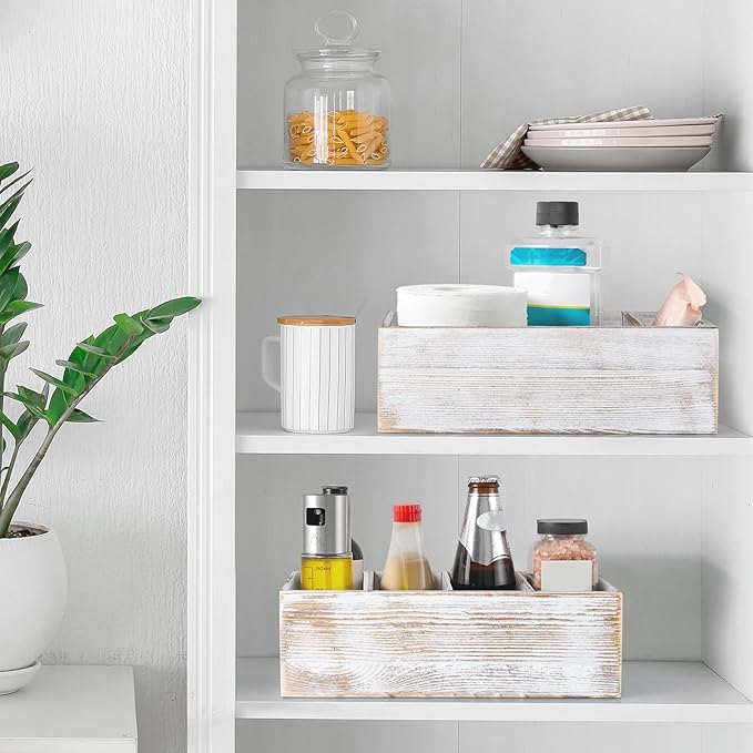 DRASTAR Pantry Organization and Storage Bins, Wooden Seasoning Packet Organizer with Removable Dividers, Retro White Storage Caddy for Kitchen, Pantry, Cabinet, Countertop