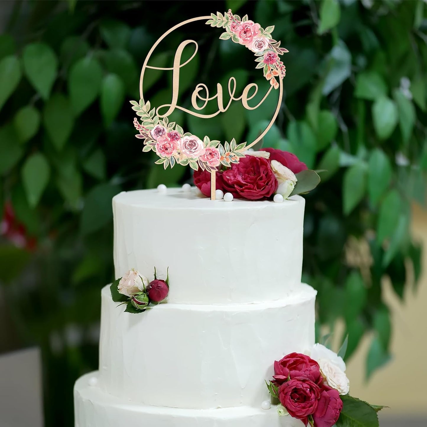 Love Wedding Cake Topper Floral Wedding Engagement Cake Decoration in Wood (Design 01)