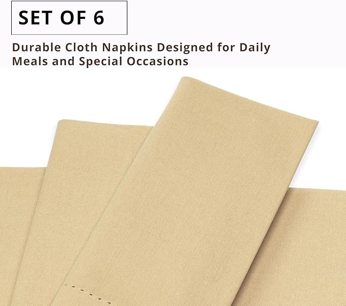 PurpleEssences Set of 6 Hemstitch Cloth Dinner Napkins 100% Cotton - Soft Durable Washable - Ideal for Wedding Christmas Holiday Winter - Perfect Everyday Use Table Linen 18x18 - Beige