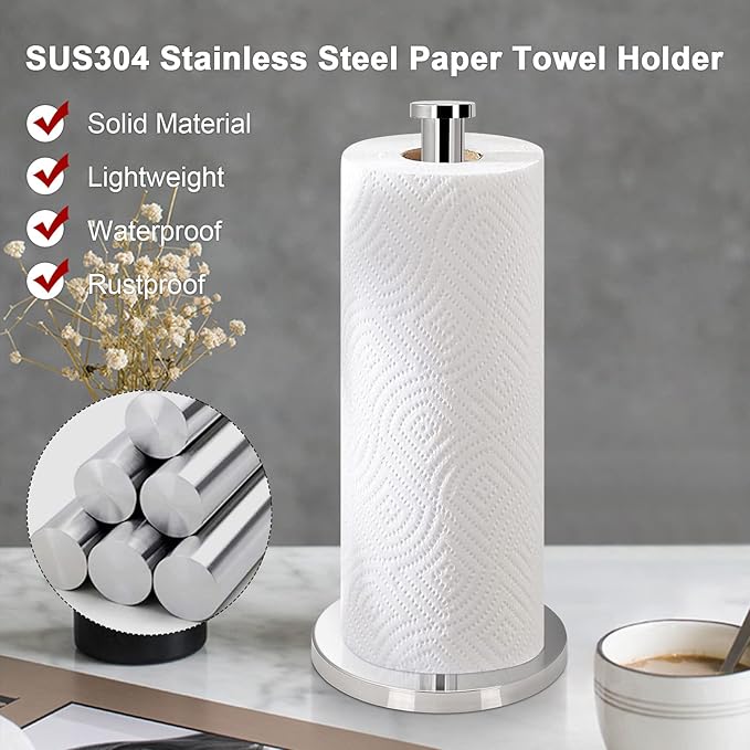 NearMoon Standing Paper Towel Holder, Kitchen Paper Towel Tissue Holder- for Bathroom Countertop, Standard or Jumbo-Sized Roll Paper (with Stainless Steel Base, Chrome Finish)